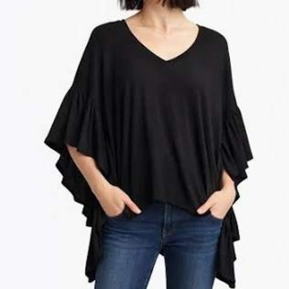 Akemi & Kim Anthropologie Black Ribbed Oversized Black V Neck Top Ruffle Sleeves
